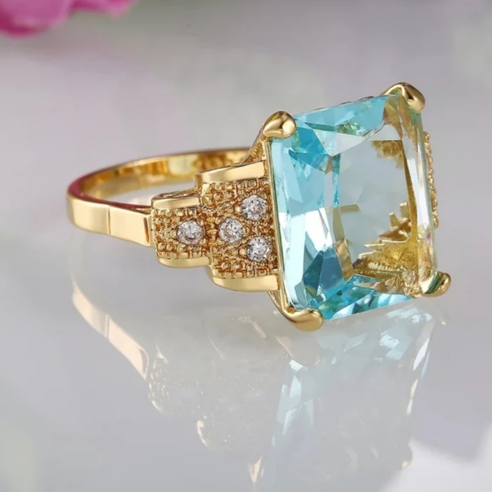 New Fashion 18K Yellow Gold Plated Aquamarine Ring - Picture 3 of 7